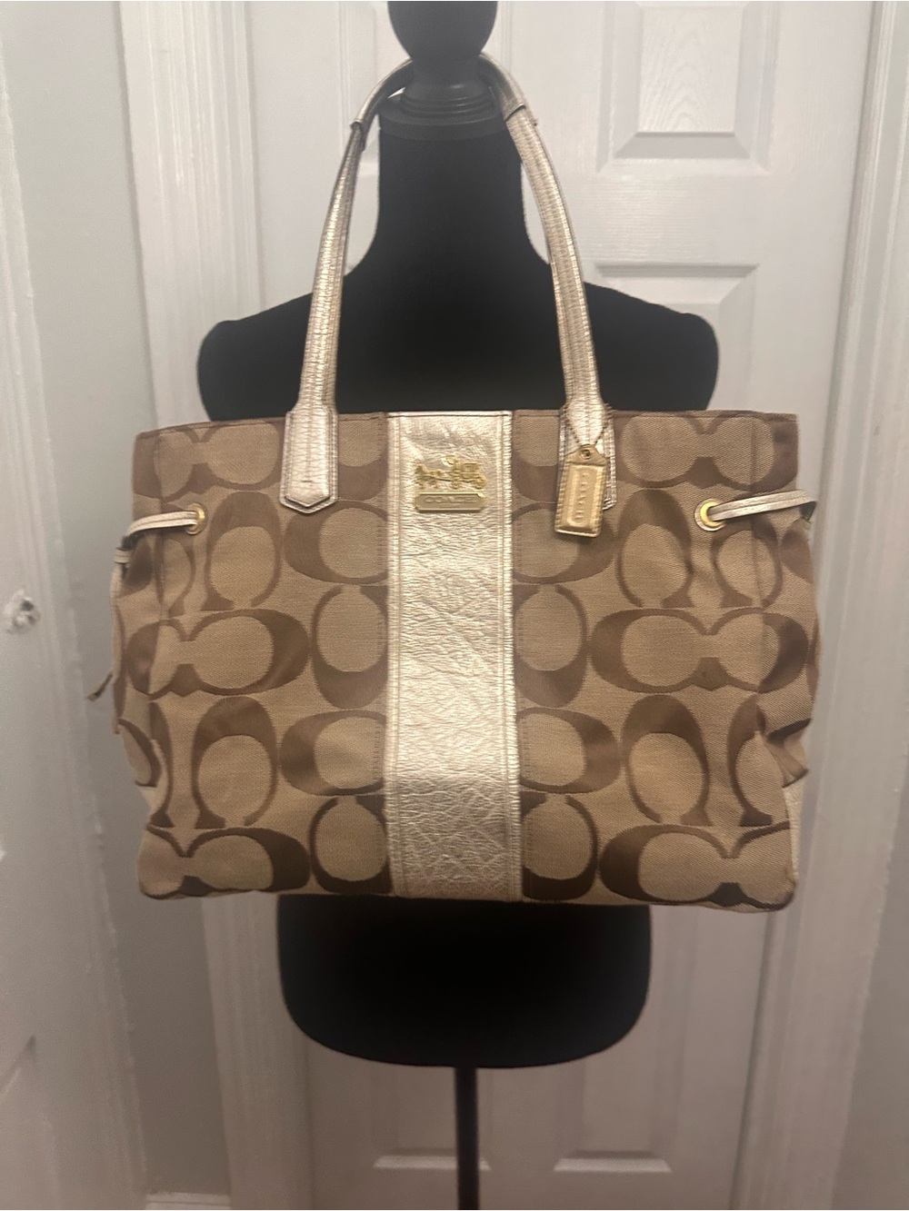 Coach Tan Signature Canvas Tote with Metallic Gold Center Stripe